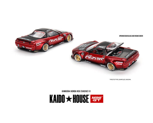 Kaido House x Mini GT Honda NSX Evasive V1 Red on white background showing opening rear glass feature.