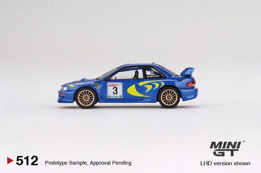 A side profile of the Mini GT Subaru Impreza WRC 97 in the classic blue livery on a white background.