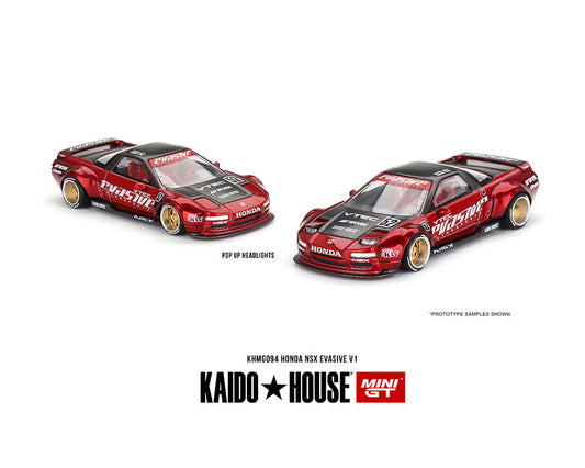 Kaido House x Mini GT Honda NSX Evasive V1 Red on white background showing popup headlights feature.