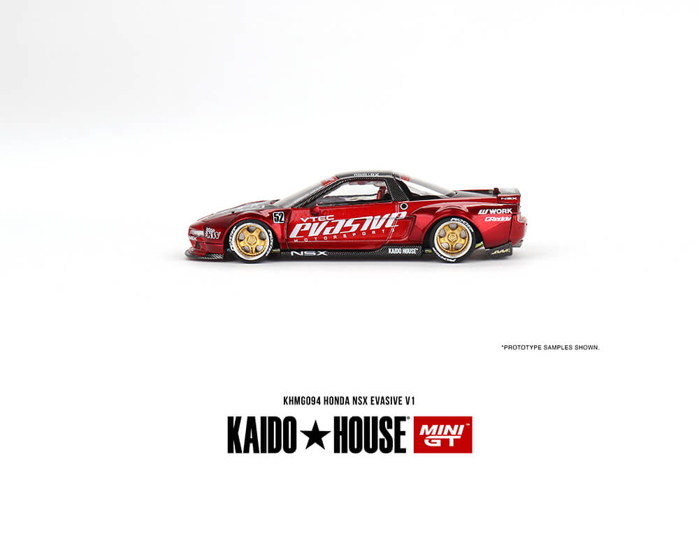Side profile of Kaido House x Mini GT Honda NSX Evasive V1 Red on white background.