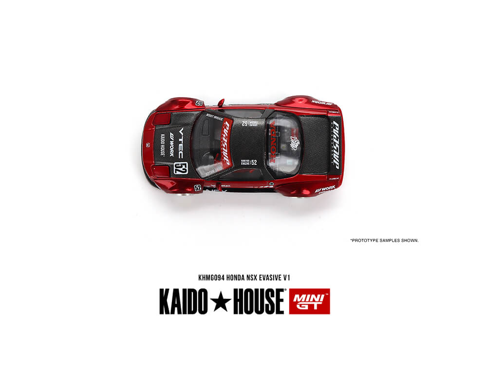 Top down view of Kaido House x Mini GT Honda NSX Evasive V1 Red on white background.
