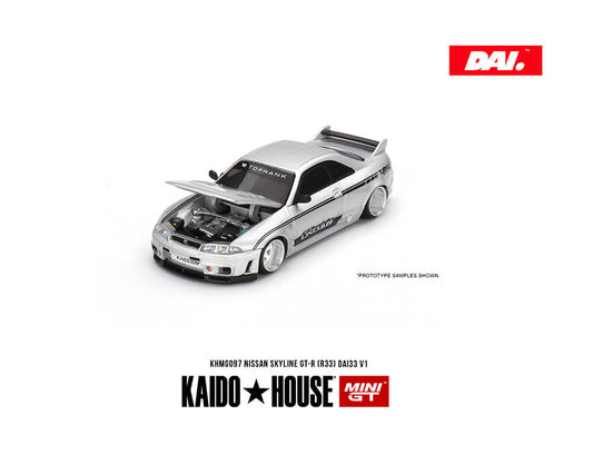 Front view of Kaido House Mini GT Nissan R33 Silver DAI33 with hood open on white background.