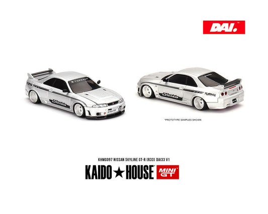 Front and rear quarter views of Kaido House Mini GT Nissan R33 Silver DAI33 on white background.