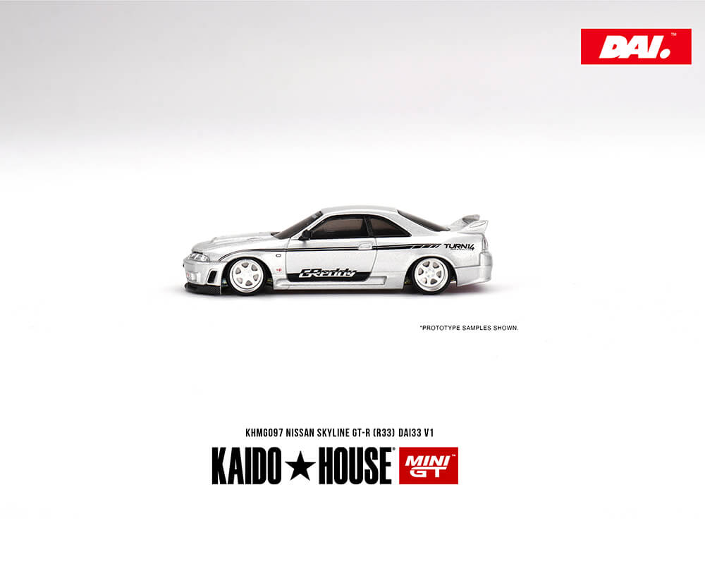 Side view of Kaido House Mini GT Nissan R33 Silver DAI33 on white background.