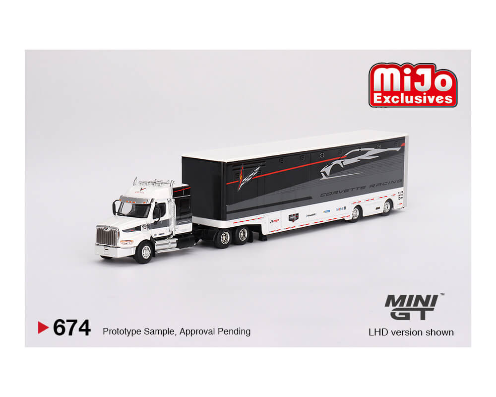Mini GT Corvette racing Western Star Transport truck on white background, front view.