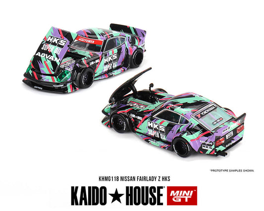 Front and rear view of a Mini GT Kaido House Datsun Fairlady Z with HKS livery. The hood is open on both views and the diecast cars are displayed on a white background.