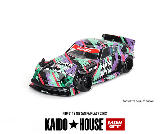 Front view of a Mini GT Kaido House Nissan Fairlady Z with HKS livery on a white background.