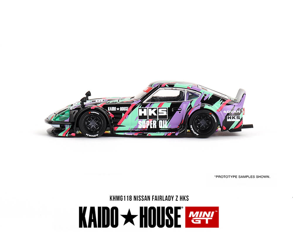 Side view of a Mini GT Kaido House Nissan Fairlady Z with HKS livery on a white background.