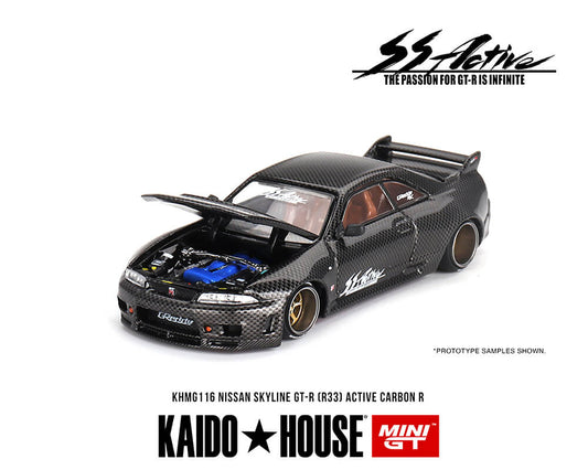 Mini GT Kaido House Nissan GT-R R33 Active Carbon R diecast car with hood open on a white background.