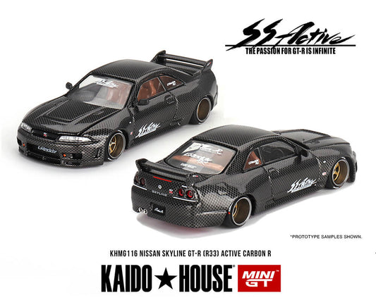 Mini GT Kaido House Nissan GT-R R33 Active Carbon R diecast car showing both front and rear views on a white background.