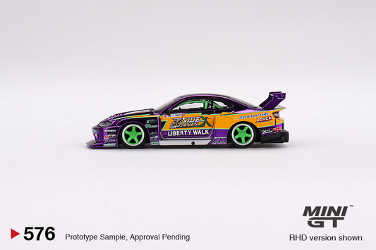 Mini GT Nissan Silvia S15 Formula Drift Japan Purple side profile on white background