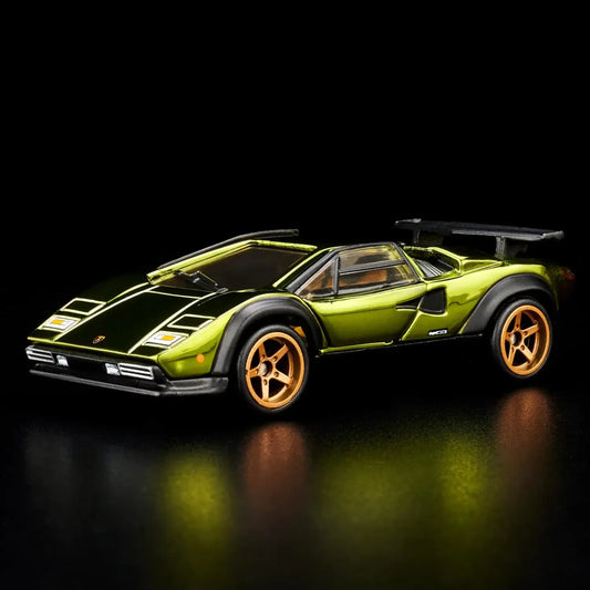 A front view of the Hotwheels RLC Lamborghini Countach Olive Green on black background
